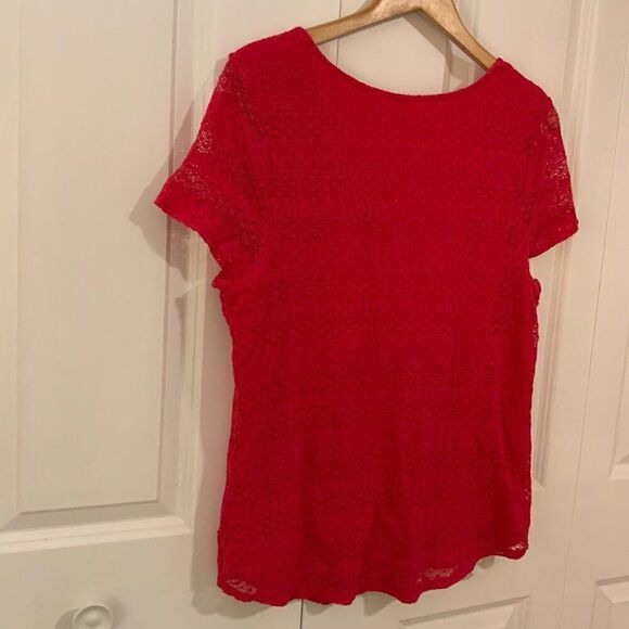 Leo & Nicole Pink Crochet Lace Overlay Short Sleeve Top XL - Picture 8 of 10